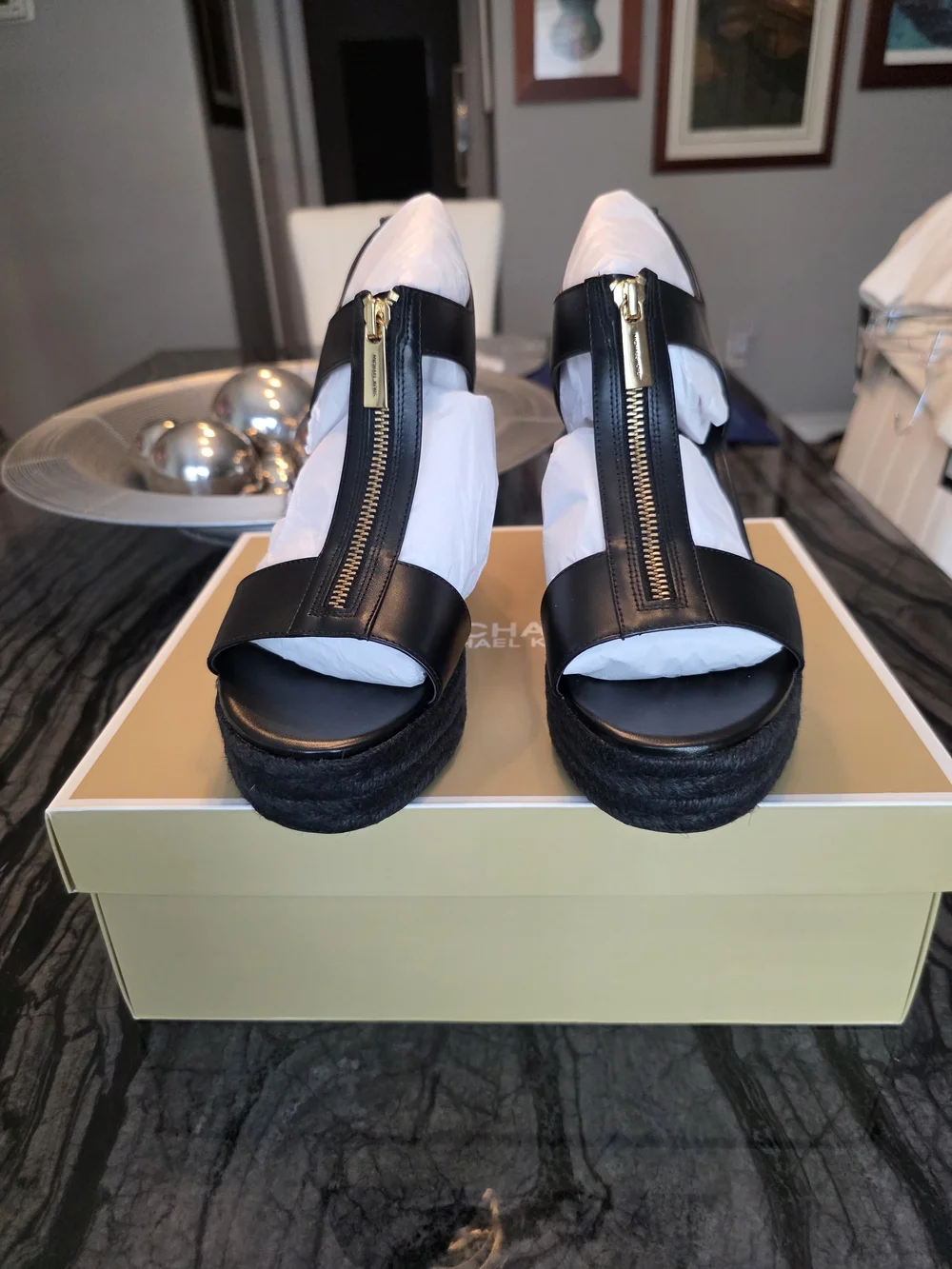 NWT Michael Kors Black Leather Zip-Front Platform Sandals